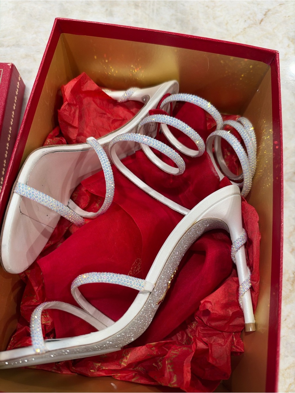 Rene Caovilla White Spiral Crystal-Strap Stiletto Sandals